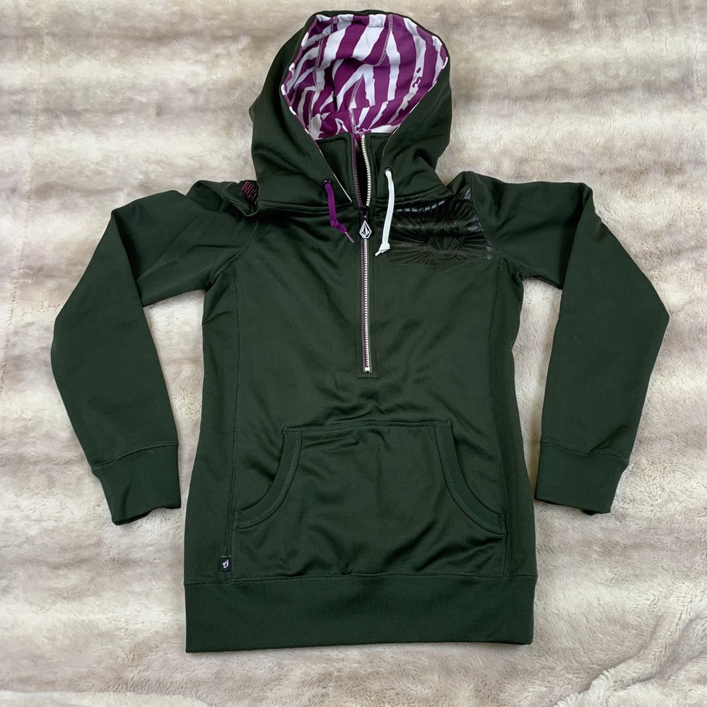 Volcom Vodder Long Hydro Pullover Green Half Zip Hoodie Zebra Print‎ Hood Small - Picture 2 of 11